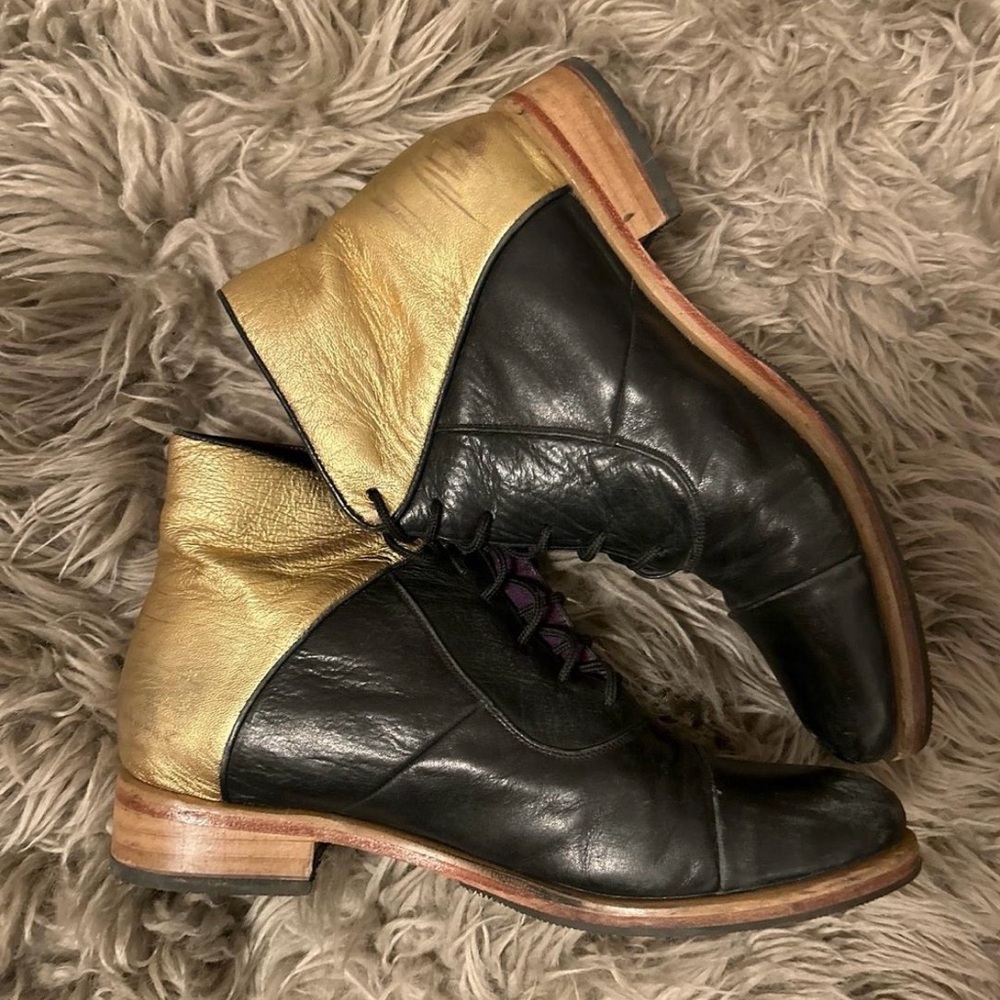 Handmade Two-Tone Black and Gold Leather Lace-Up Boots
